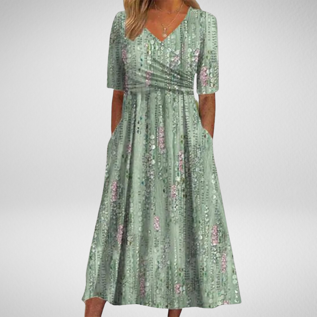 MARY | Botanische Midi Jurk met Flatterende Buikbedekking
