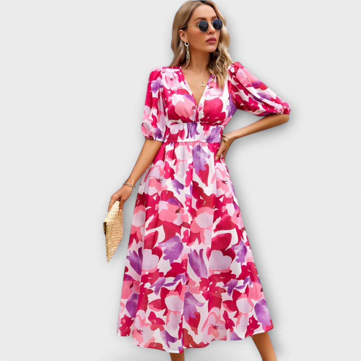 Abstracte Maxi Jurk met Pofmouwen